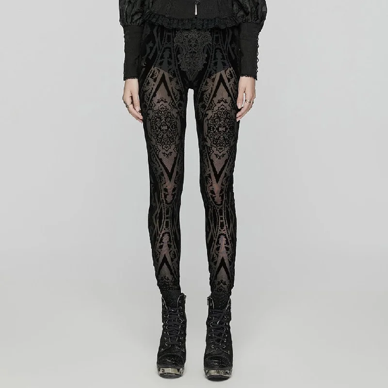 Street Fashion Women's Gothic Floral Embroidered Flocked Mesh Leggings