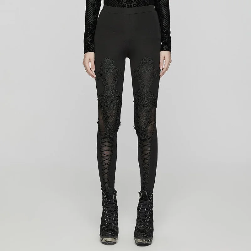 Body Design Women's Gothic Floral Embroidered Lace-up Leggings