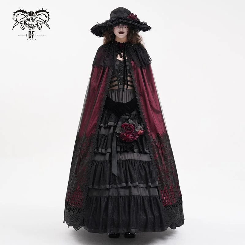 Casual Fit Women's Gothic Lace Tassels Mesh Cloak with Hood Red
