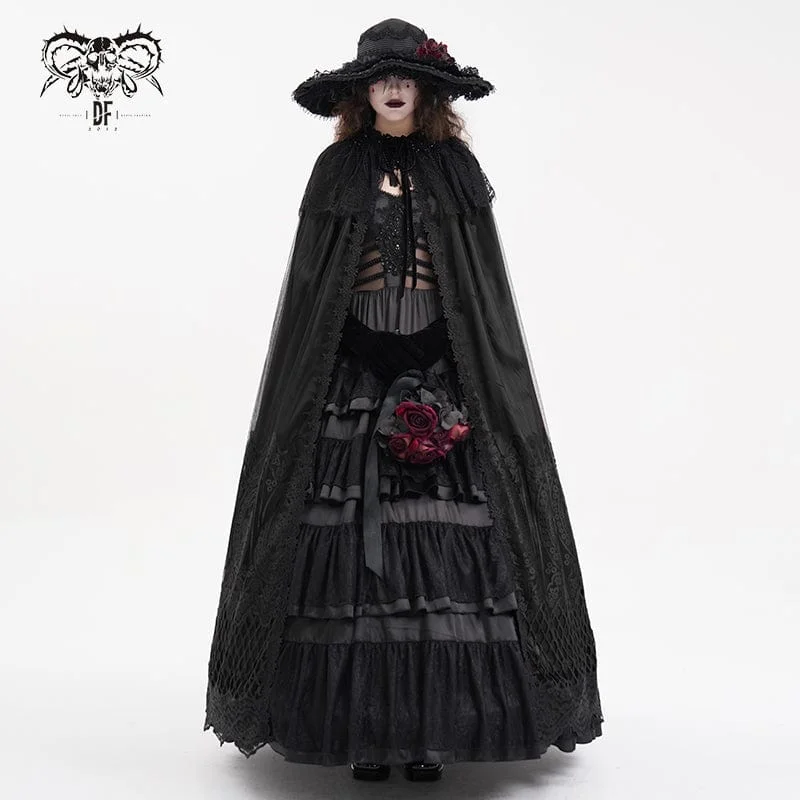 Relaxed Fit Wear Women's Gothic Lace Tassels Mesh Cloak with Hood
