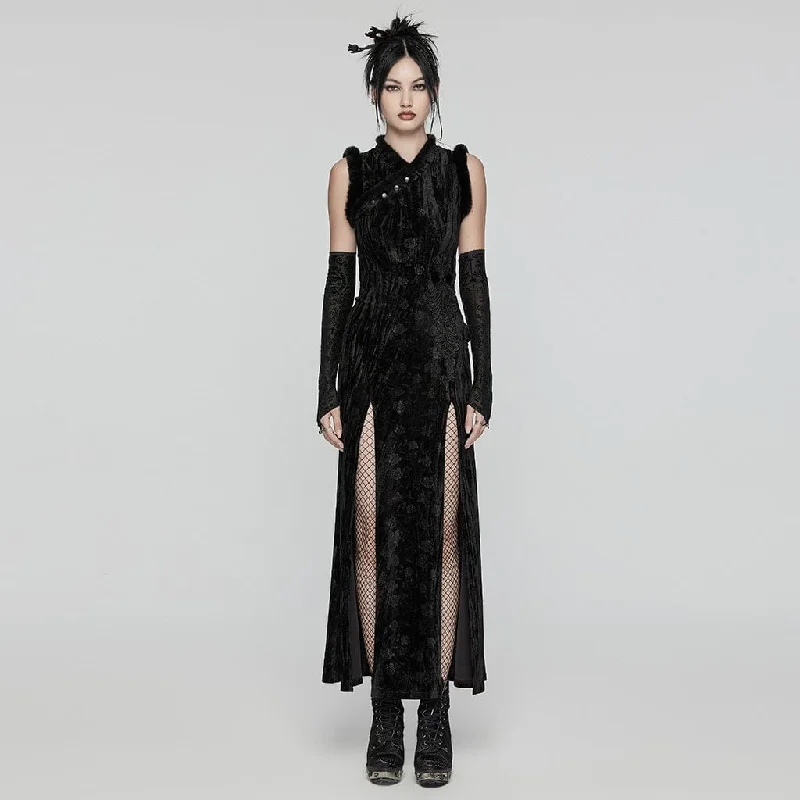Timeless Outfits Women's Gothic Split Embossed Velvet Prom Dress with Oversleeves