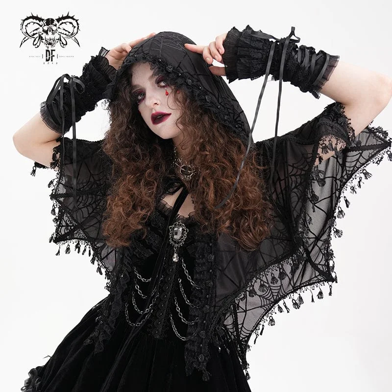 Sporty Wear Women's Gothic Tassels Strap Mesh Cape with Hood