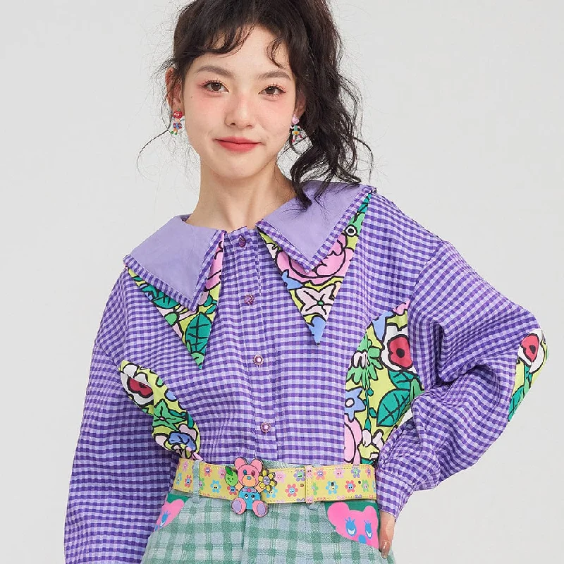 Soft Touch Women's Layered Collar Plaid Splice Shirt