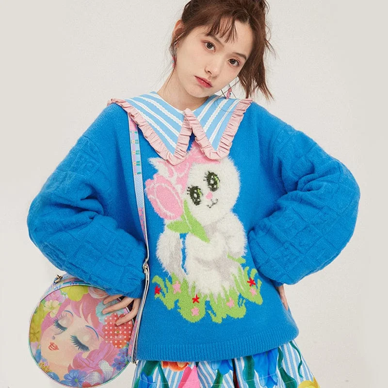 Comfortable Jackets Women's Puff Sleeved Cat Knitted Sweater