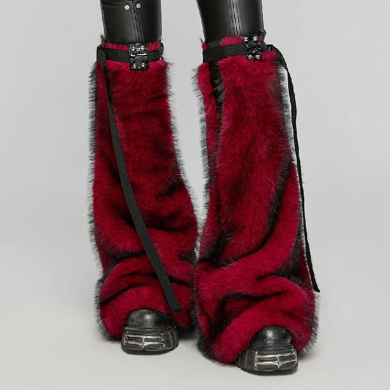 Warm Atmosphere Women's Punk Buckle Faux Fur Leg Warmers Red