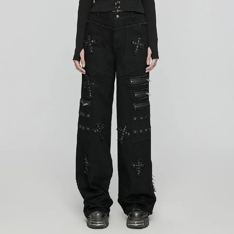 College Style Women's Punk Cross Patch Big-pocket Denim Pants