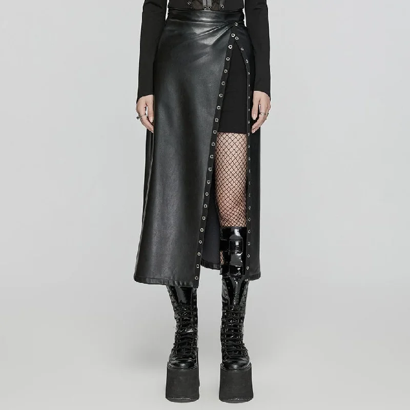 Diamond Series Women's Punk Eyelet Split Faux Leather Skirt