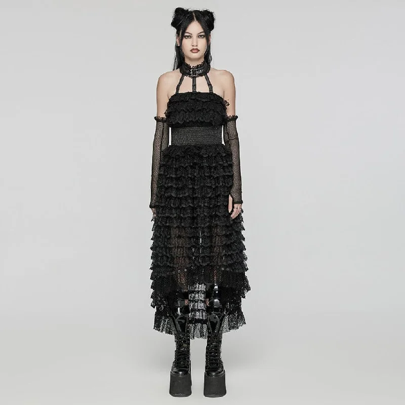 Personalized Outfit Women's Punk Halterneck Ruffled Lace Party Dress Black