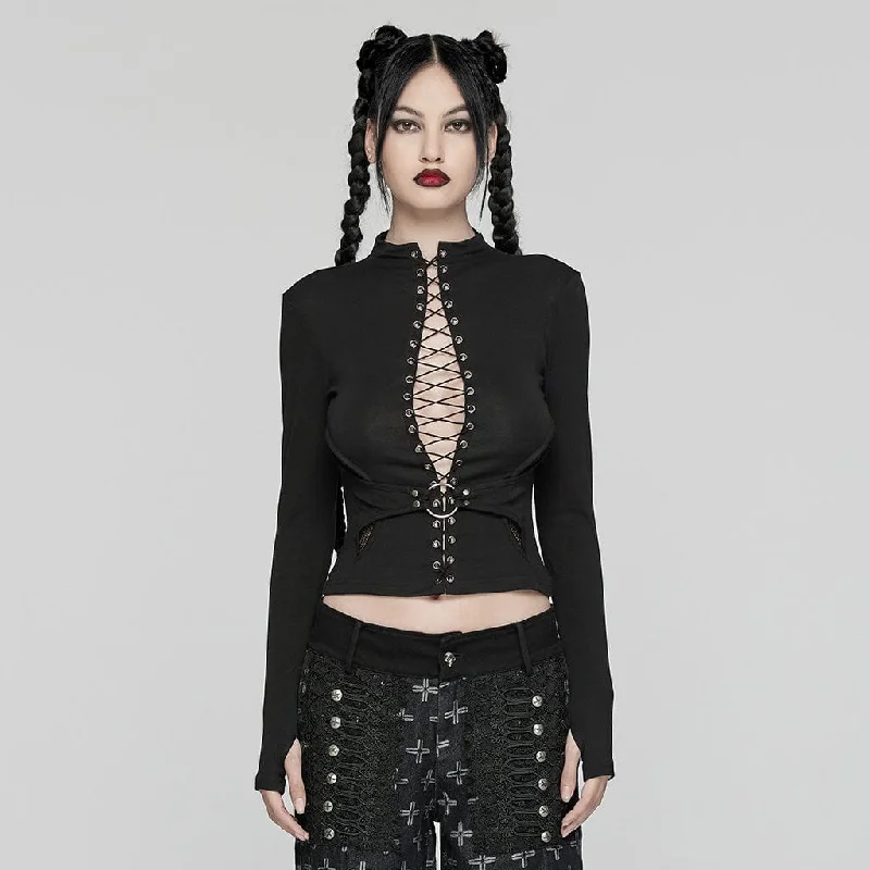 Light And Breathable Women's Punk Lace-up Mesh Splice Shirt