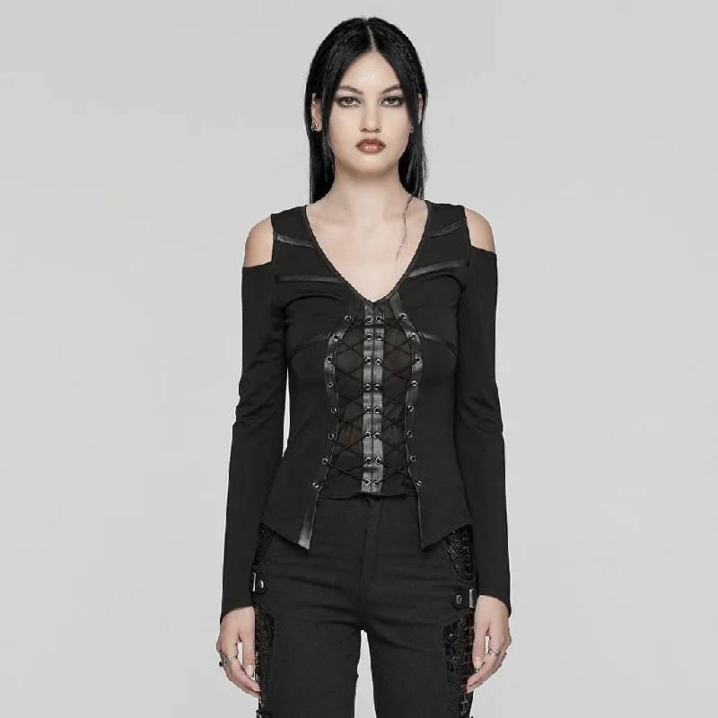 French Style Women's Punk Off-the-shoulder Mesh Splice Shirt
