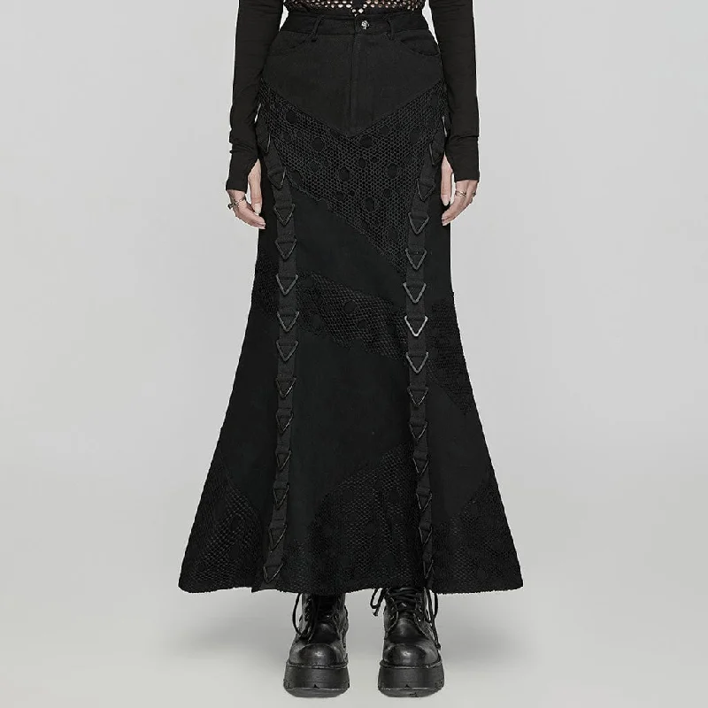 Noble Temperament Women's Punk Triangular Buckle Splice Mesh Fishtailed Skirt