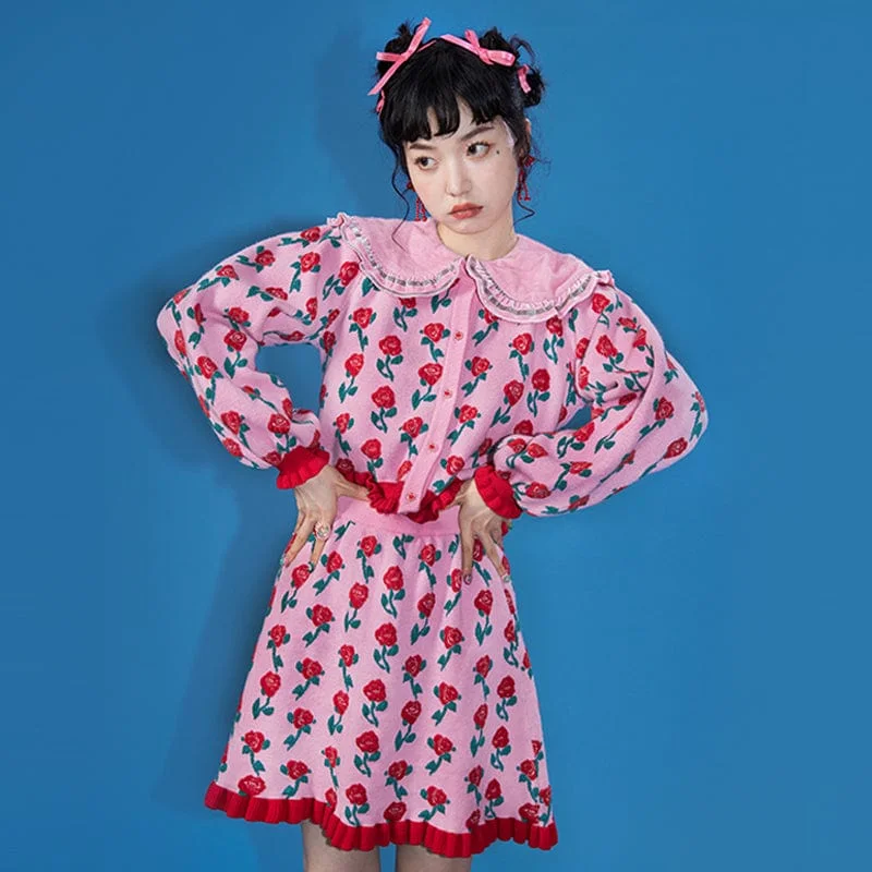 Chic Outfits Women's Ruffled Rose Knitted Cardigan
