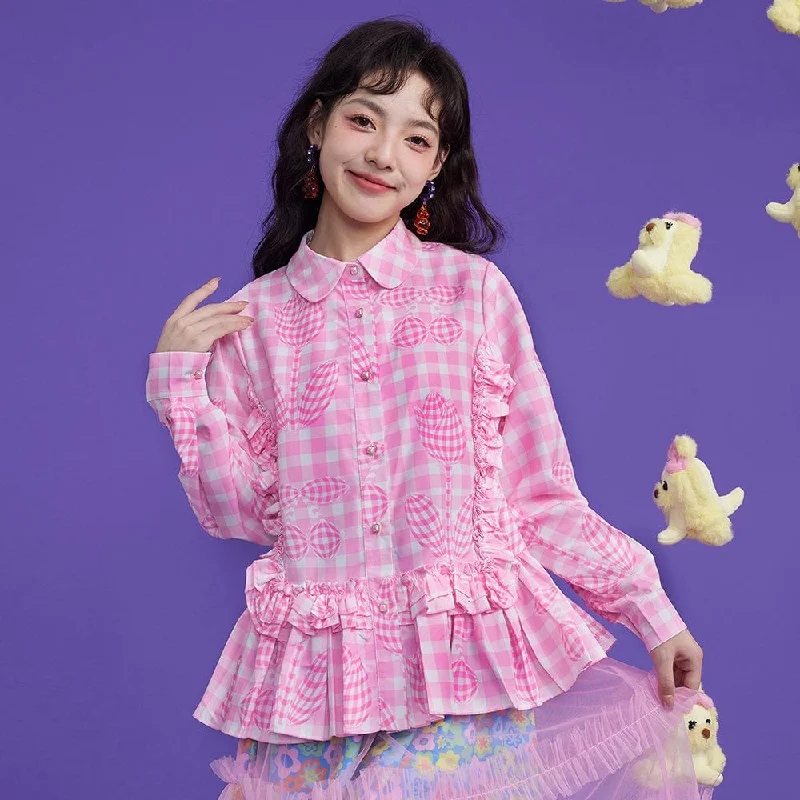 Soft Wear Women's Tulip Printed Ruffled Plaid Shirt
