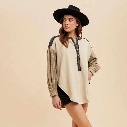 Fresh Comfort Women's Vintage Wash Paneled Henley in Charcoal Evergreen