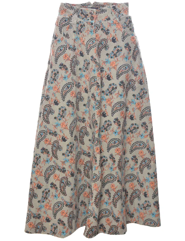 Fashion And Simplicity Corduroy Paisley And Floral Print Maxi Skirt - M