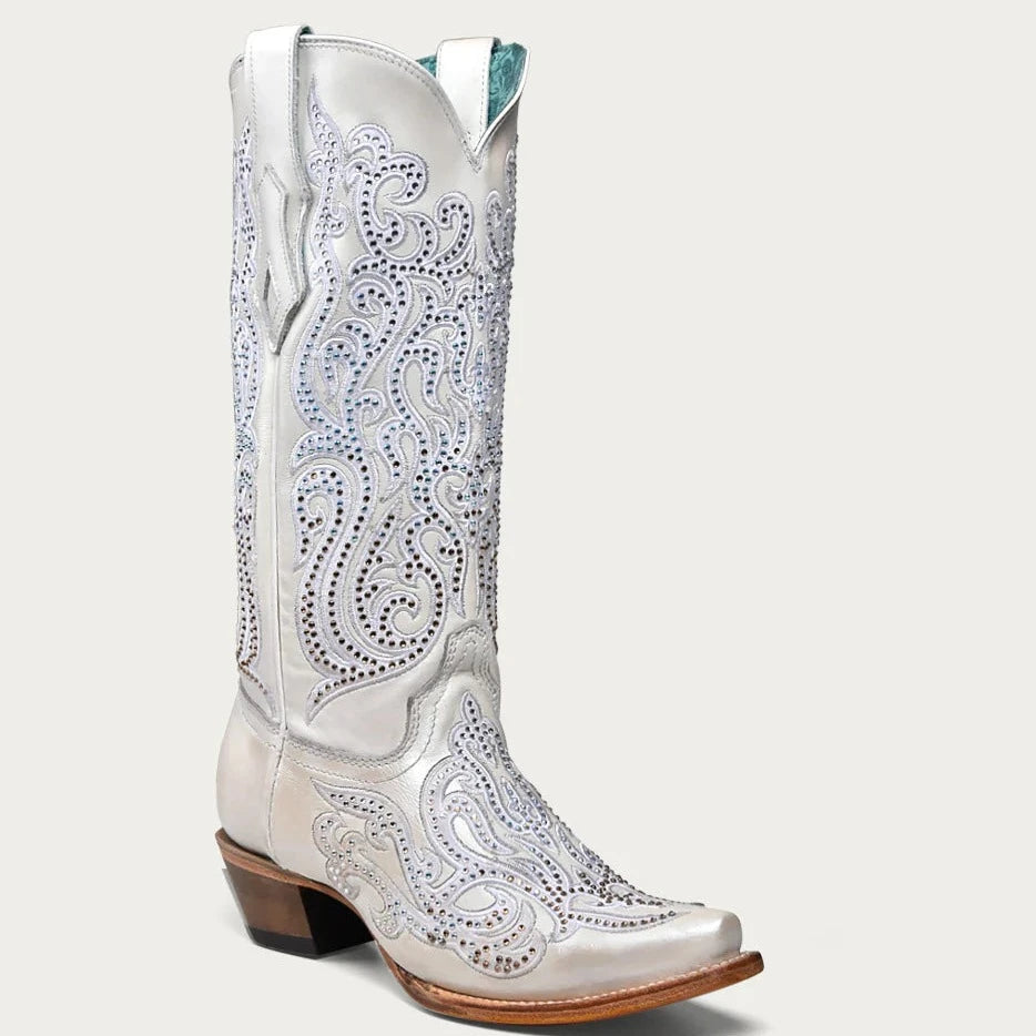 Fresh And Simple Corral Women's White Embroidery & Crystals Snip Toe Western Boot