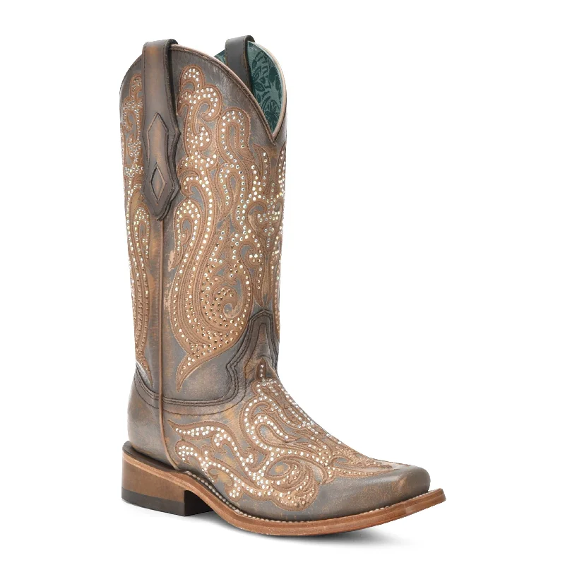 College Style Corral Women's Distressed Grey-Honey Embroidery & Crystals Square Toe Western Boot
