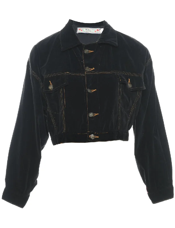 Chic Relaxation Cropped Black Velvet Evening Jacket - M