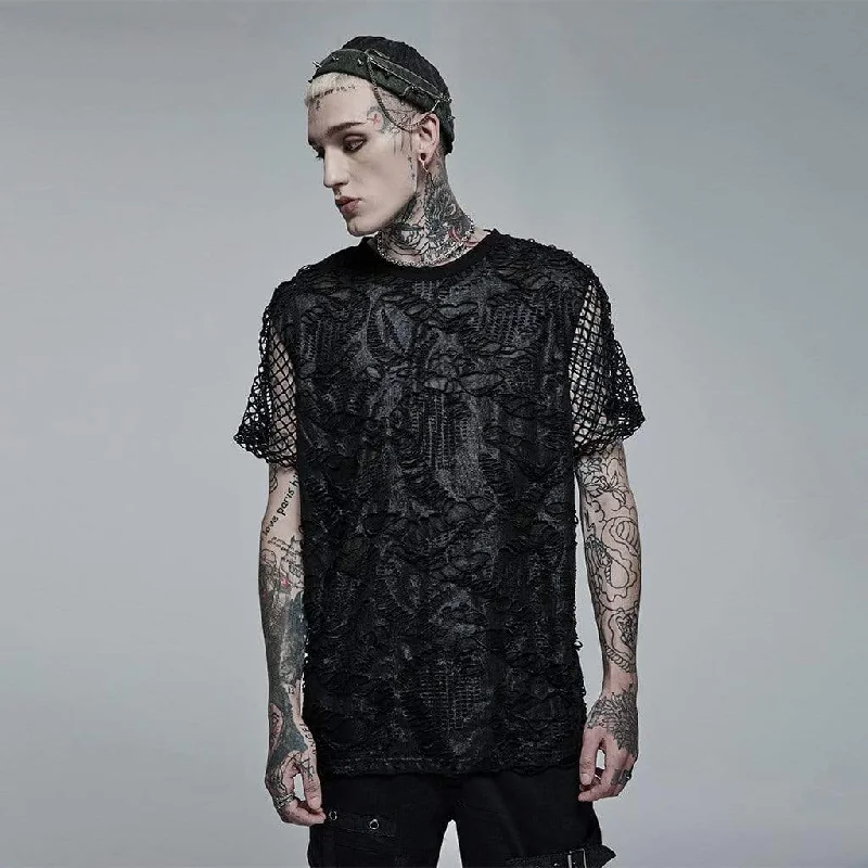 Ethnic Style Men's Gothic Ripped Mesh Knitted T-shirt