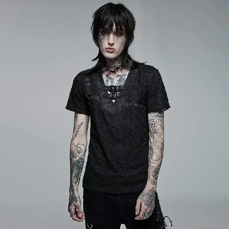 Elegant And Casual Men's Punk Buckle Splice Mesh T-shirt