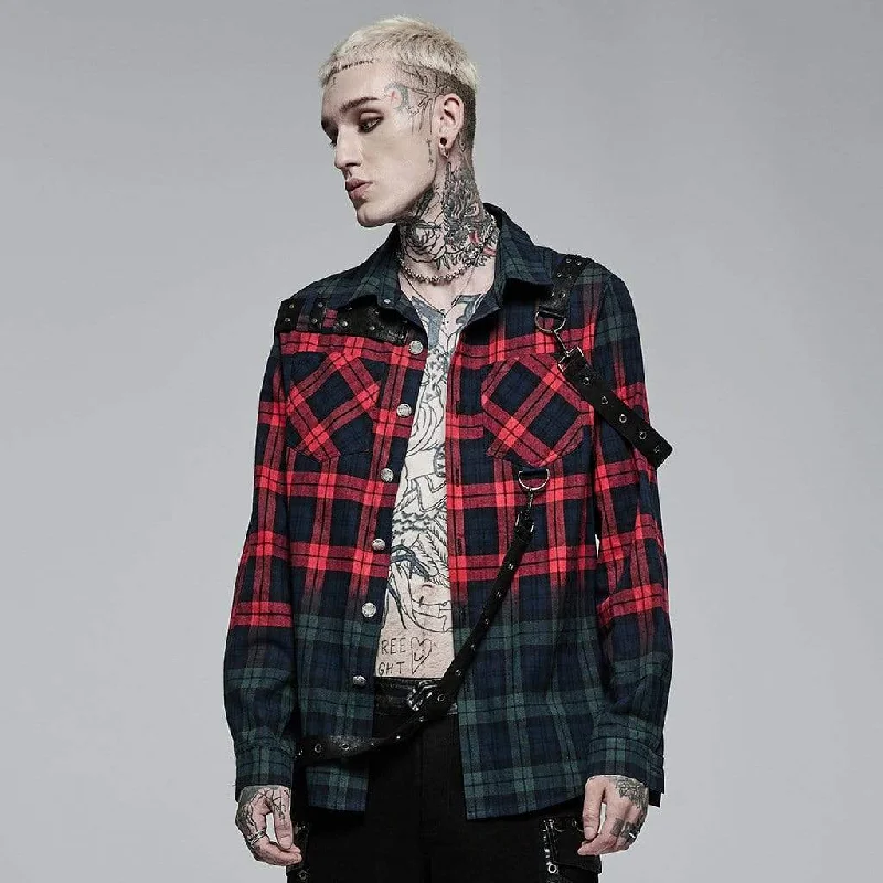 Versatile Items Men's Punk Double Color Splice Plaid Shirt