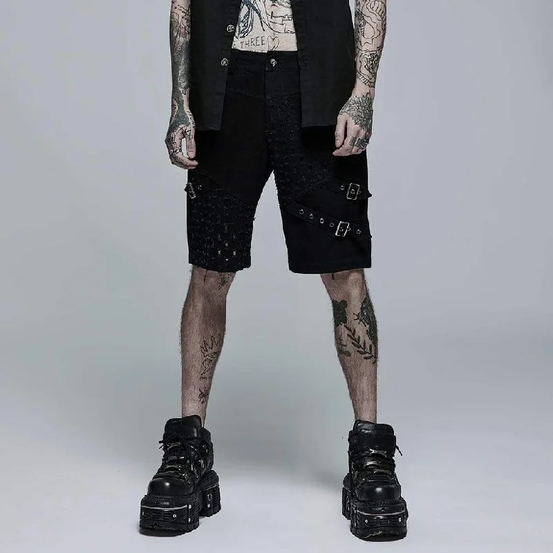 Double-sided Wear Men's Punk Ripped Buckle Splice Shorts