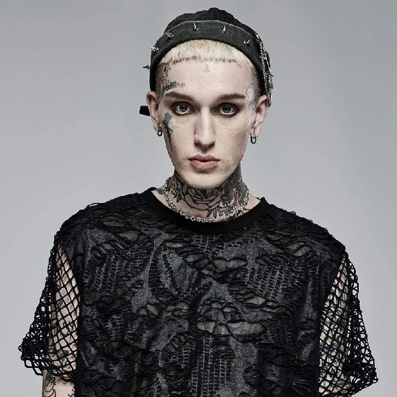 Luxury Temperament Men's Punk Rivet Denim Hat with Clip Chain