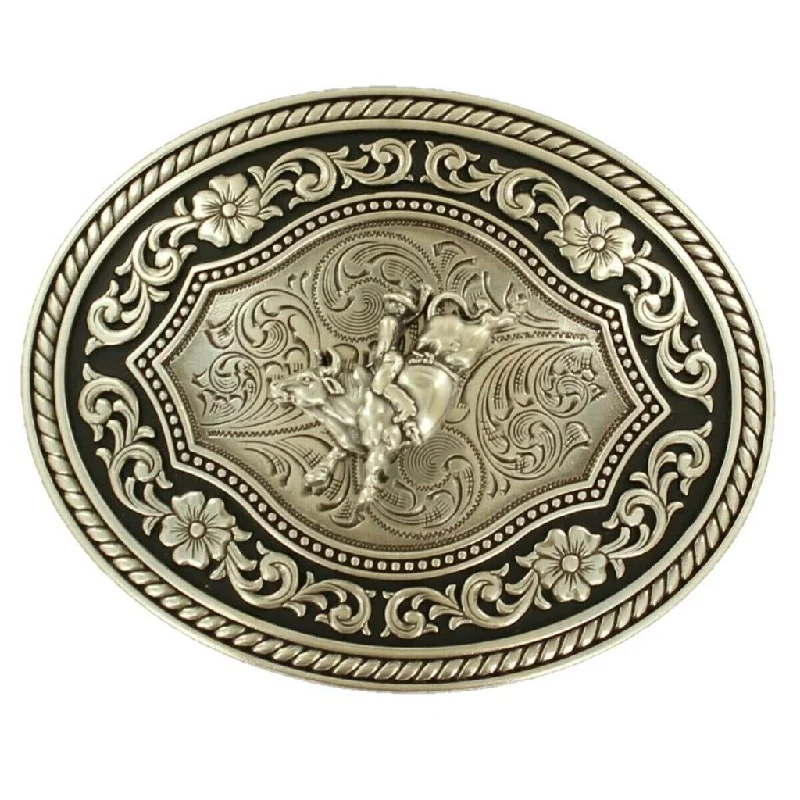 Light And Breathable Nocona Silver Scroll & Bull Rider Oval Belt Buckle